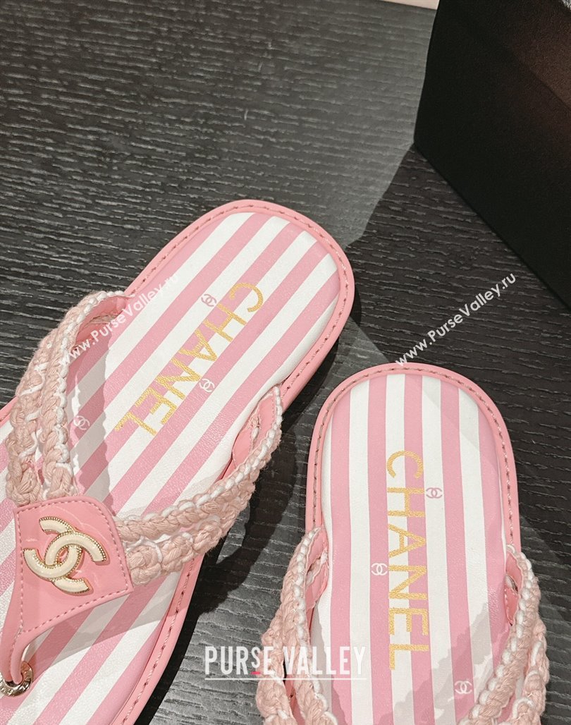 Chanel Striped Flat Thong Slides Sandal Pink/White 2024 0701 (MD-240701074)