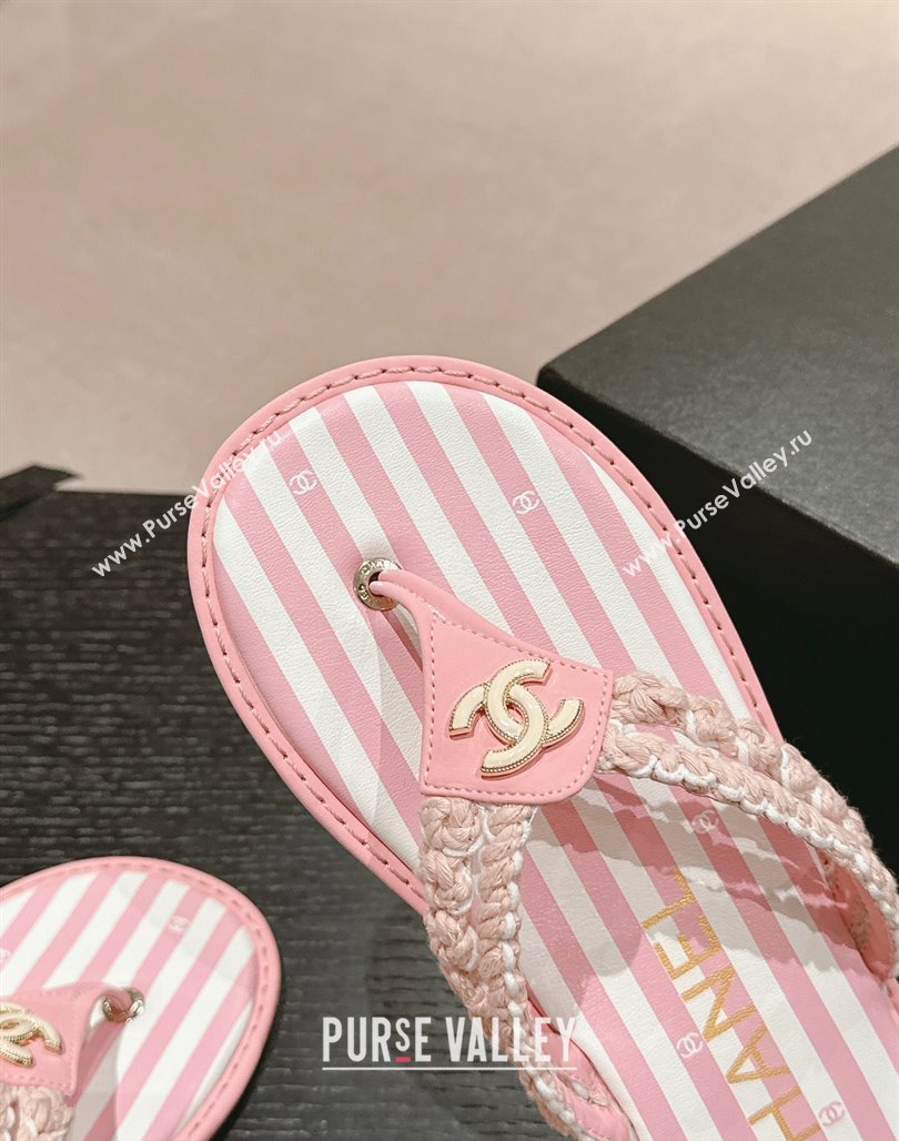 Chanel Striped Flat Thong Slides Sandal Pink/White 2024 0701 (MD-240701074)