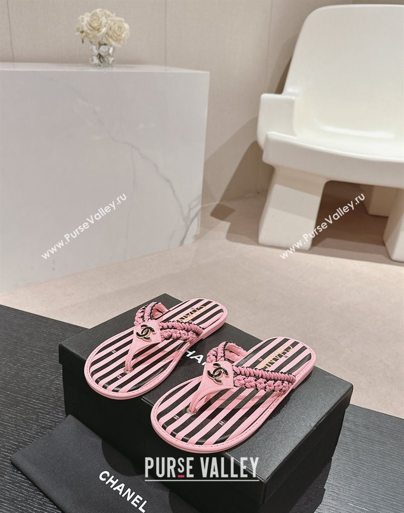 Chanel Striped Flat Thong Slides Sandal Pink/Black 2024 0701 (MD-240701076)