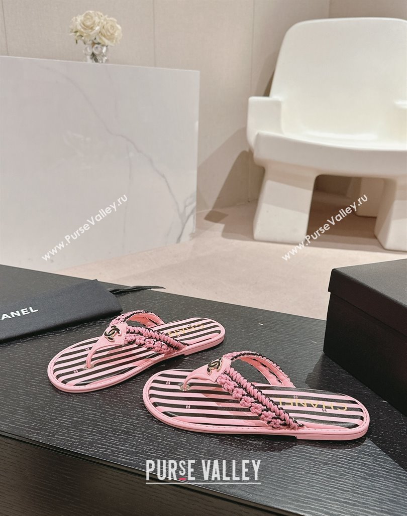 Chanel Striped Flat Thong Slides Sandal Pink/Black 2024 0701 (MD-240701076)