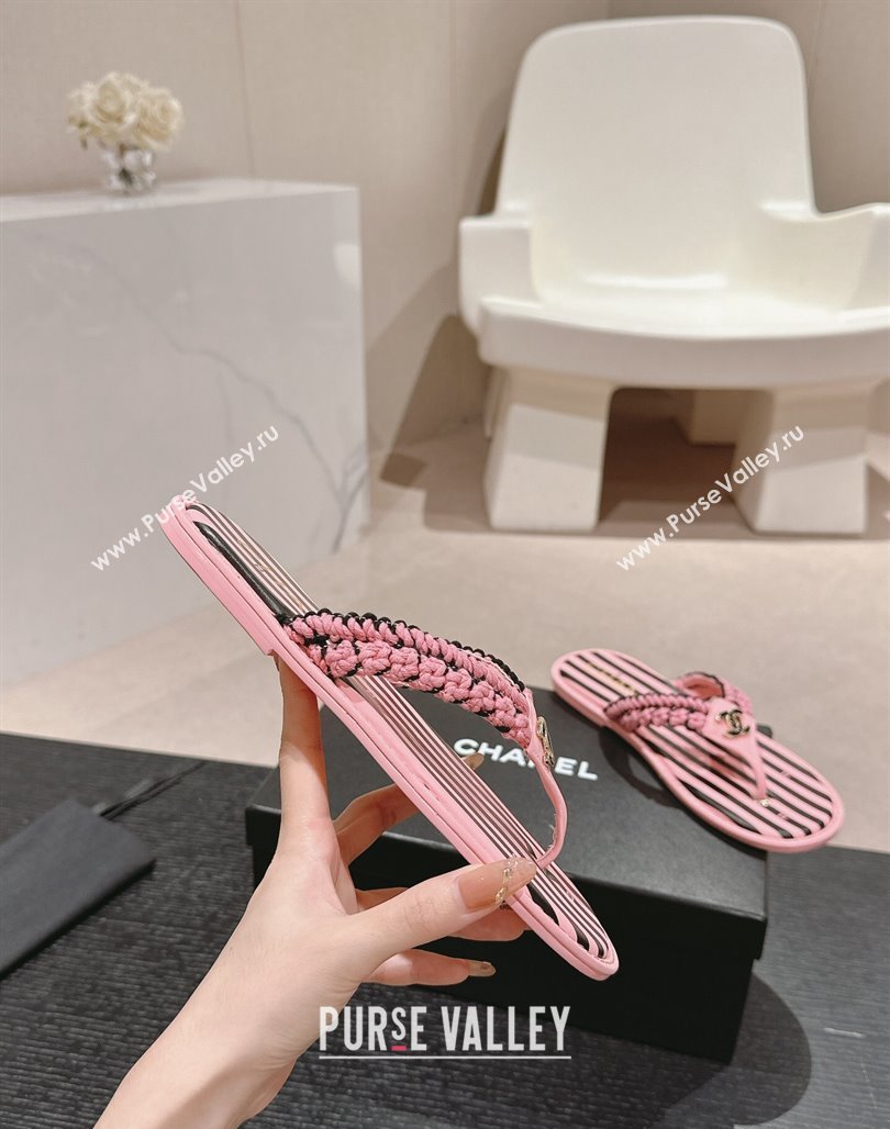 Chanel Striped Flat Thong Slides Sandal Pink/Black 2024 0701 (MD-240701076)