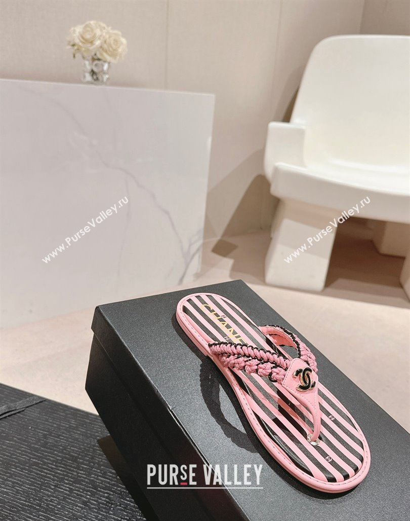 Chanel Striped Flat Thong Slides Sandal Pink/Black 2024 0701 (MD-240701076)