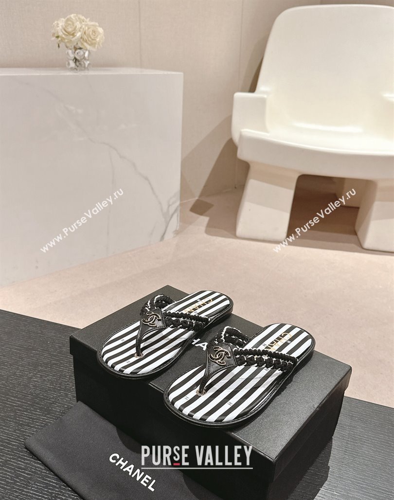 Chanel Striped Flat Thong Slides Sandal Black/White 2024 0701 (MD-240701077)