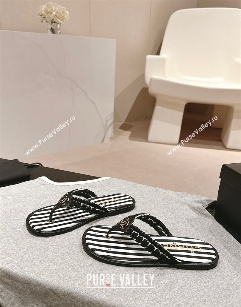 Chanel Striped Flat Thong Slides Sandal Black/White 2024 0701 (MD-240701077)