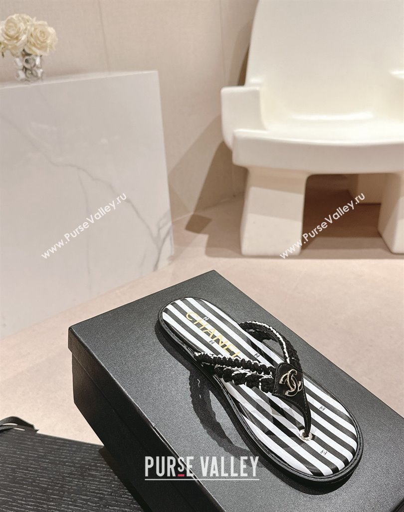 Chanel Striped Flat Thong Slides Sandal Black/White 2024 0701 (MD-240701077)