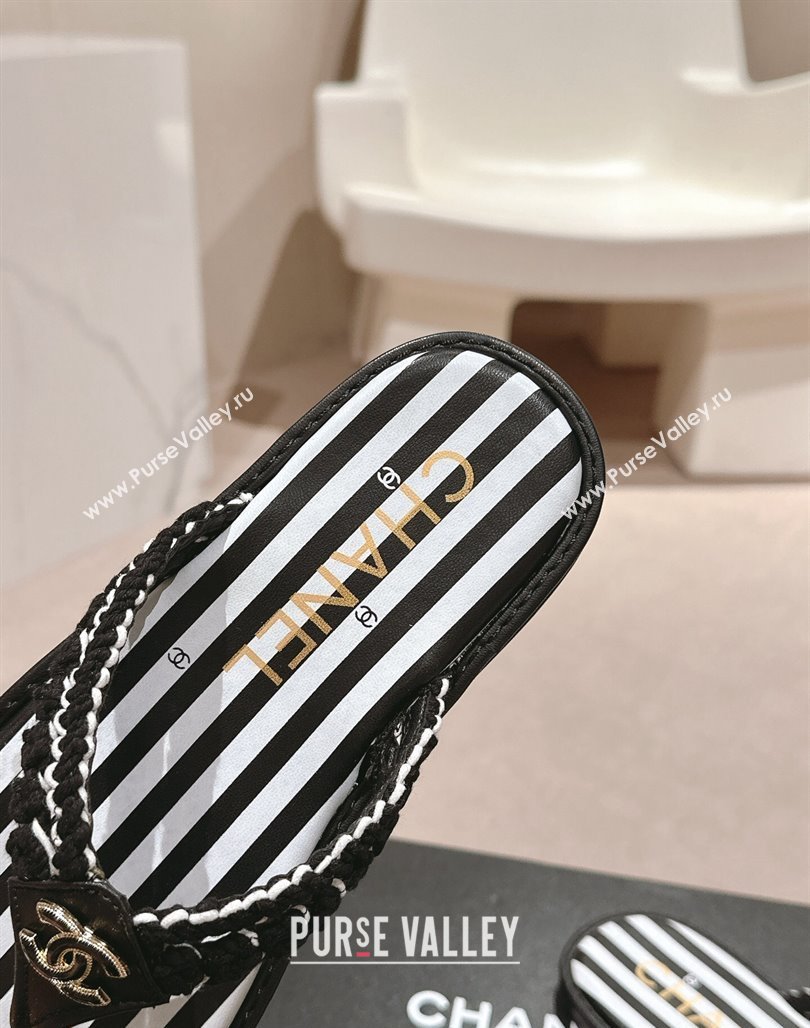 Chanel Striped Flat Thong Slides Sandal Black/White 2024 0701 (MD-240701077)