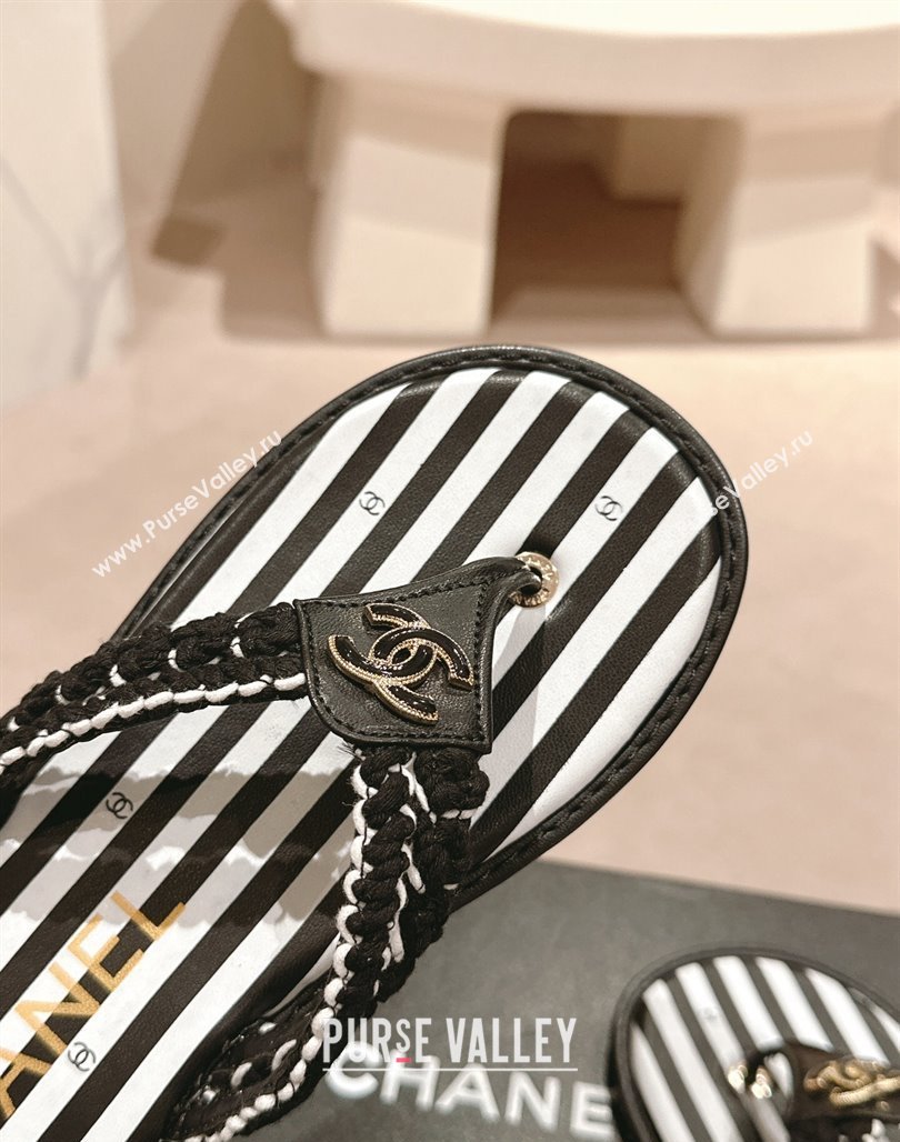 Chanel Striped Flat Thong Slides Sandal Black/White 2024 0701 (MD-240701077)