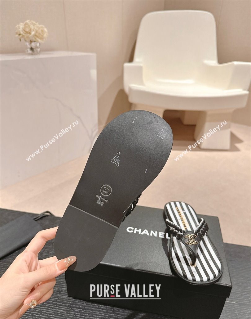 Chanel Striped Flat Thong Slides Sandal Black/White 2024 0701 (MD-240701077)