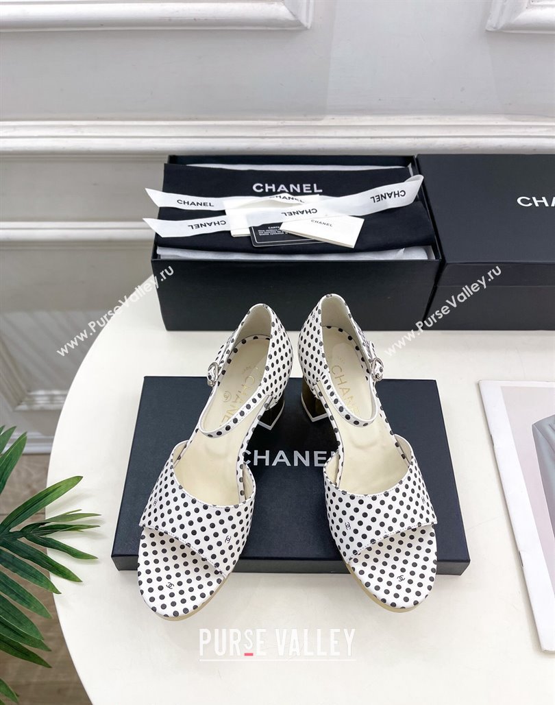 Chanel Calfskin Sandals 7.5cm with Gold-Tone Heel and Dots White 2024 0701 (MD-240701085)