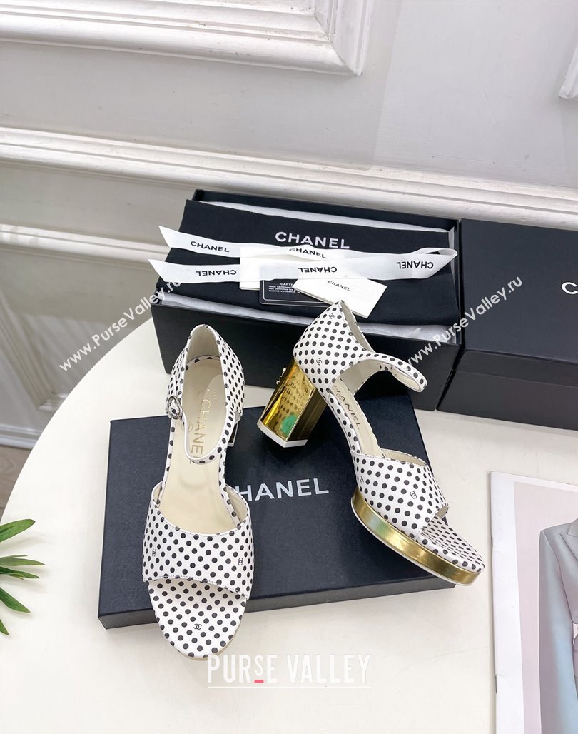 Chanel Calfskin Sandals 7.5cm with Gold-Tone Heel and Dots White 2024 0701 (MD-240701085)