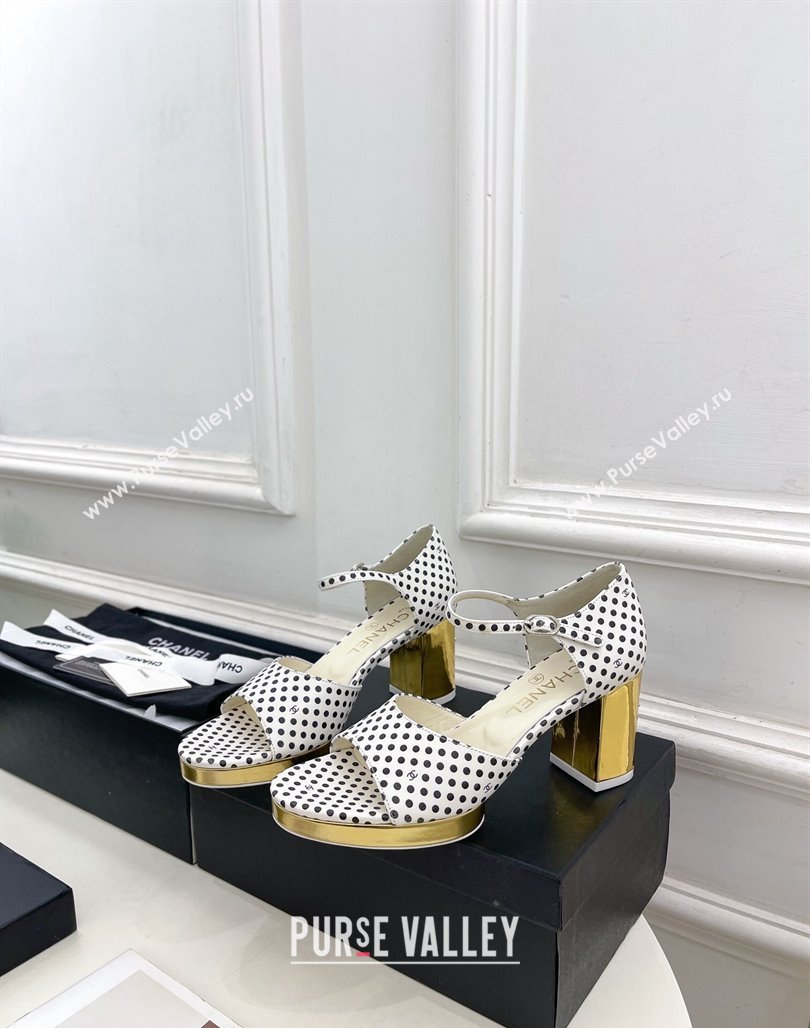 Chanel Calfskin Sandals 7.5cm with Gold-Tone Heel and Dots White 2024 0701 (MD-240701085)