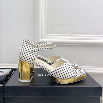 Chanel Calfskin Sandals 7.5cm with Gold-Tone Heel and Dots White 2024 0701 (MD-240701085)