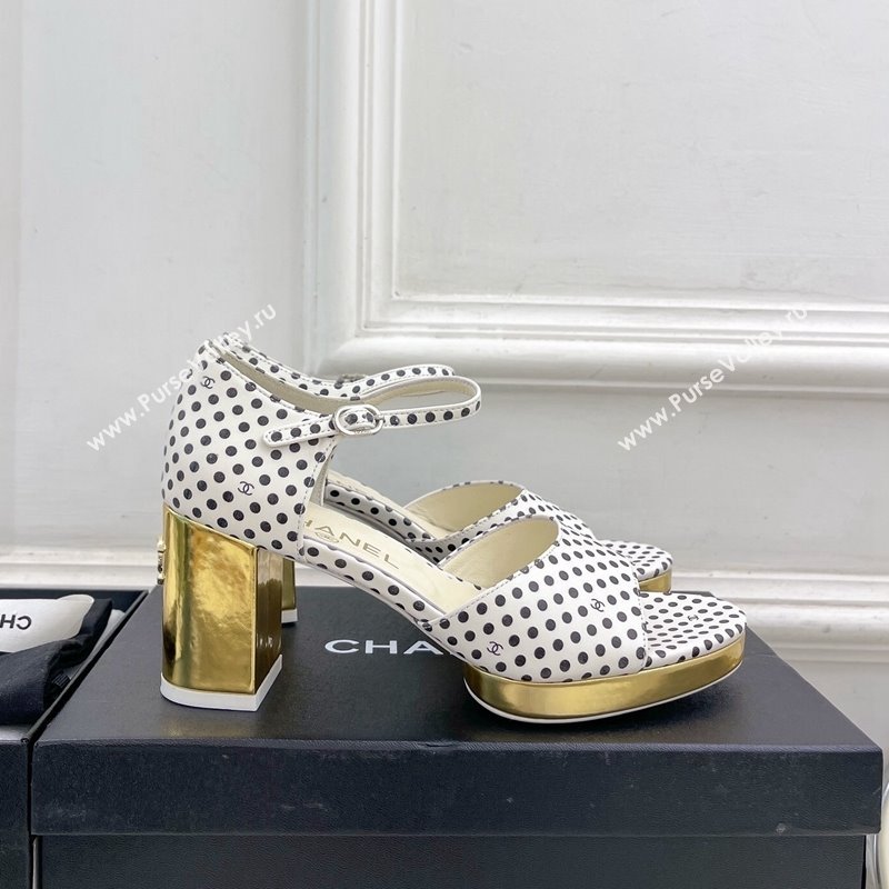 Chanel Calfskin Sandals 7.5cm with Gold-Tone Heel and Dots White 2024 0701 (MD-240701085)