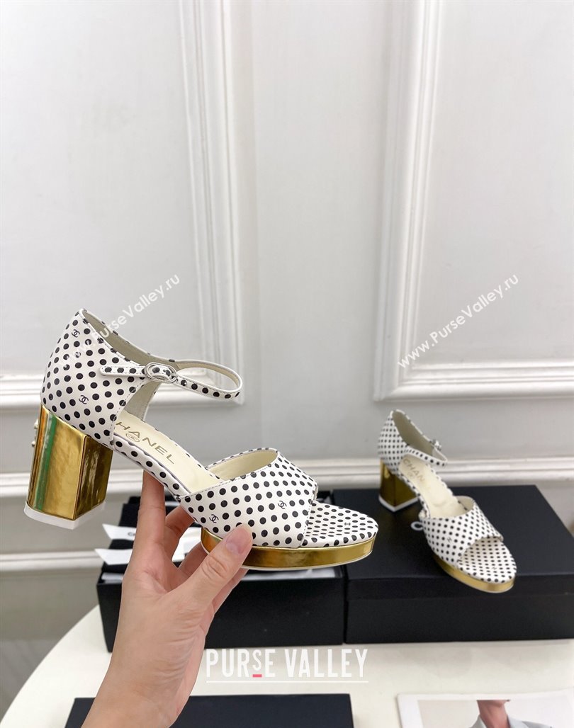 Chanel Calfskin Sandals 7.5cm with Gold-Tone Heel and Dots White 2024 0701 (MD-240701085)