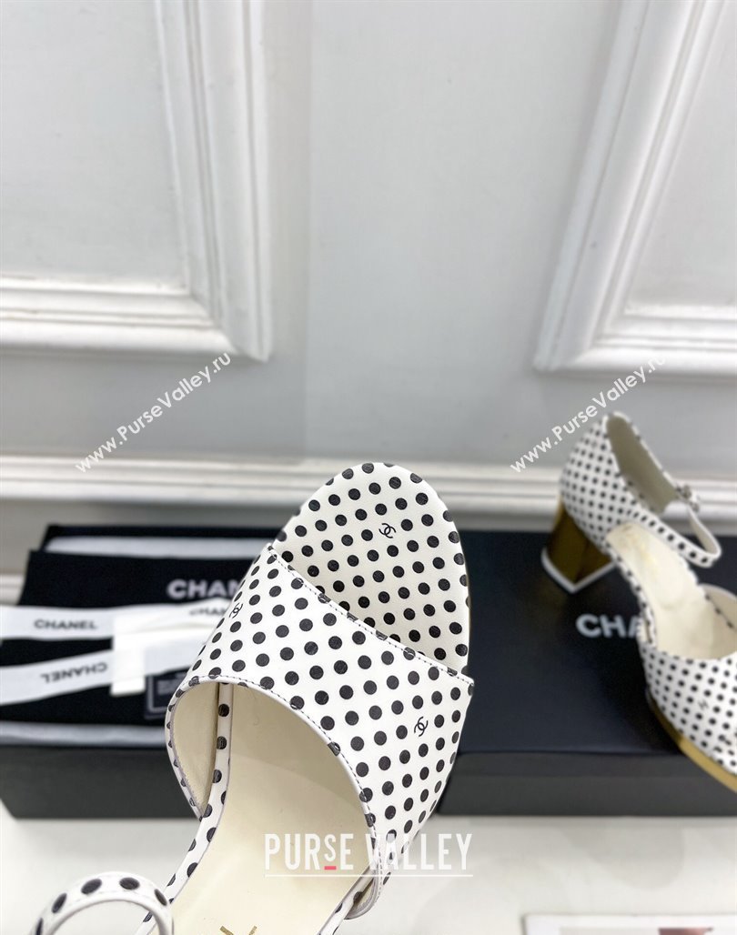 Chanel Calfskin Sandals 7.5cm with Gold-Tone Heel and Dots White 2024 0701 (MD-240701085)