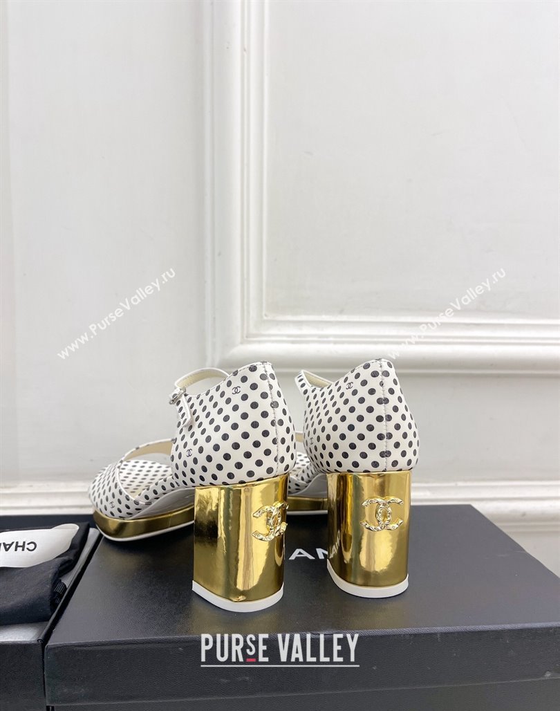 Chanel Calfskin Sandals 7.5cm with Gold-Tone Heel and Dots White 2024 0701 (MD-240701085)