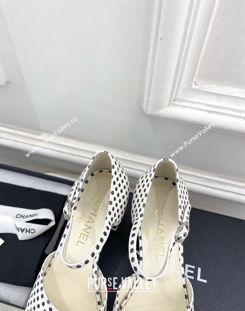 Chanel Calfskin Sandals 7.5cm with Gold-Tone Heel and Dots White 2024 0701 (MD-240701085)