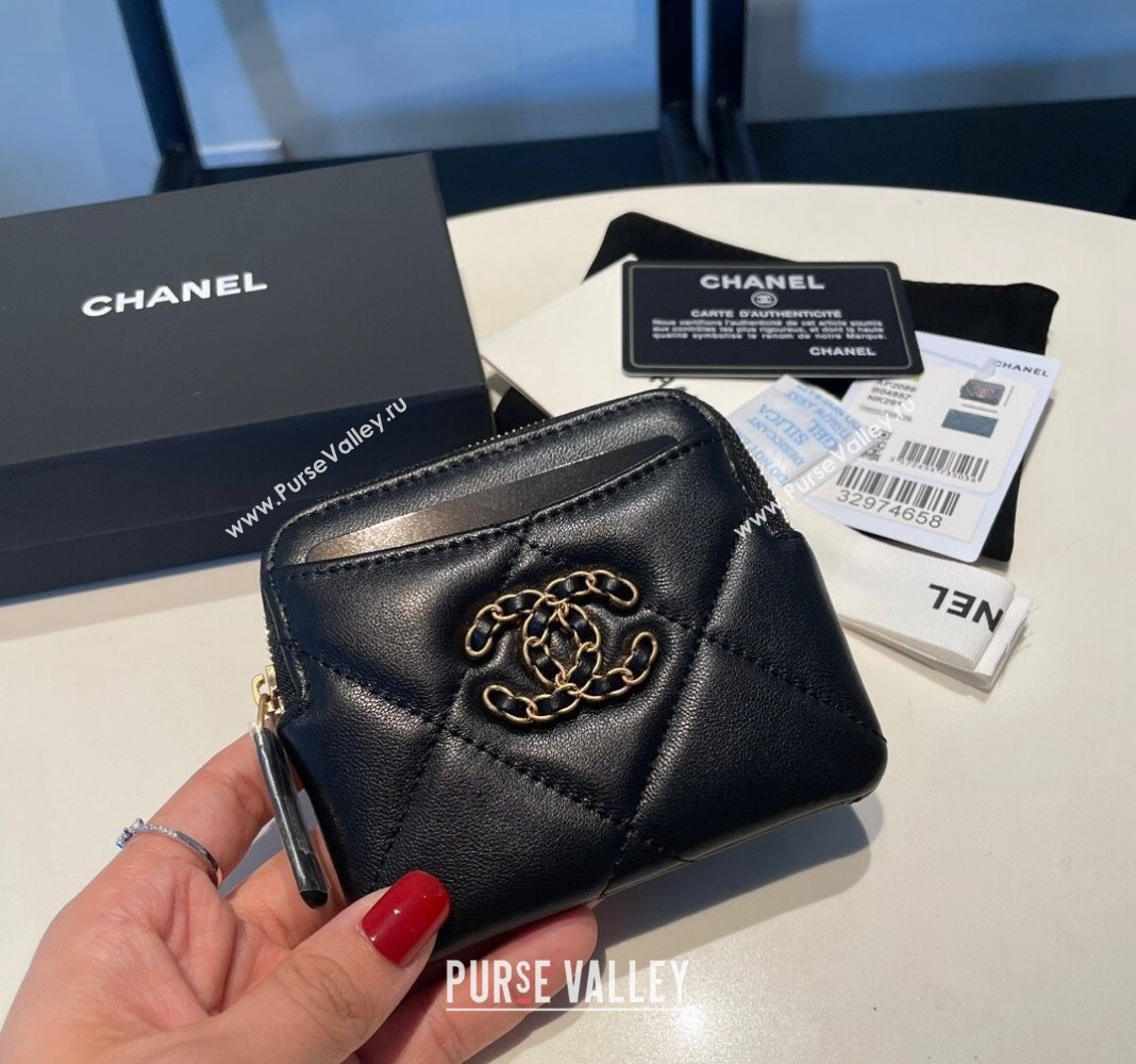 Chanel Shiny Lambskin 19 Zipped Coin Purse Wallet AP2086 Black 2024 (SSZ-240717062)