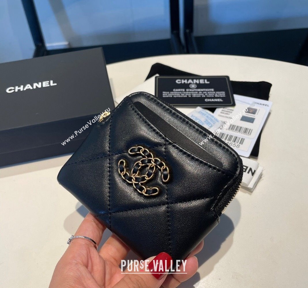 Chanel Shiny Lambskin 19 Zipped Coin Purse Wallet AP2086 Black 2024 (SSZ-240717062)