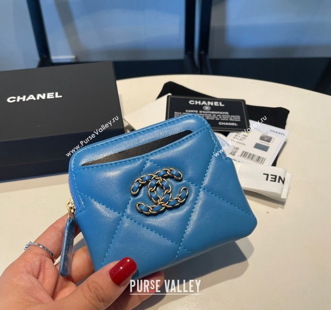 Chanel Shiny Lambskin 19 Zipped Coin Purse Wallet AP2086 Blue 2 2024 (SSZ-240717065)