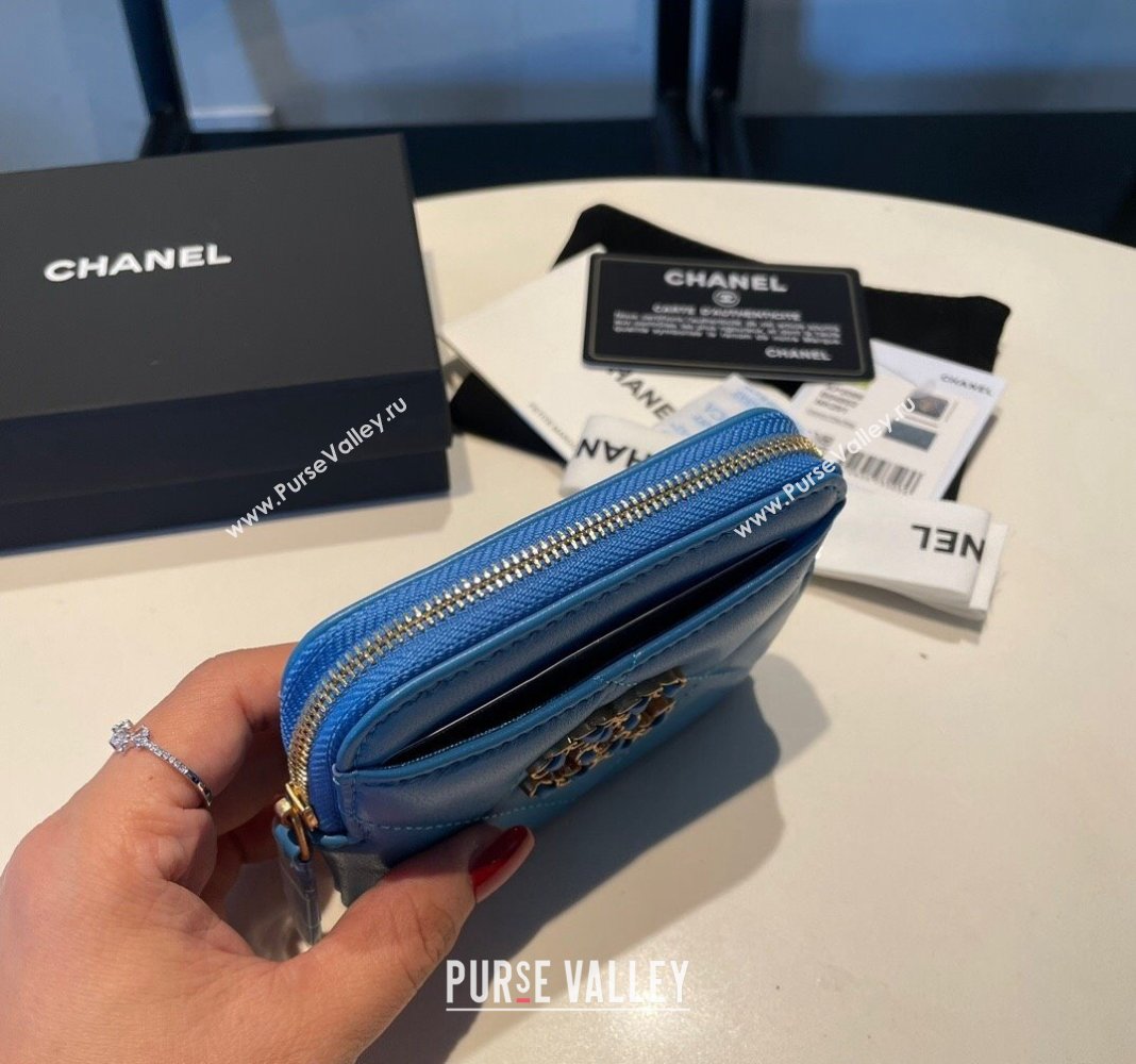 Chanel Shiny Lambskin 19 Zipped Coin Purse Wallet AP2086 Blue 2 2024 (SSZ-240717065)