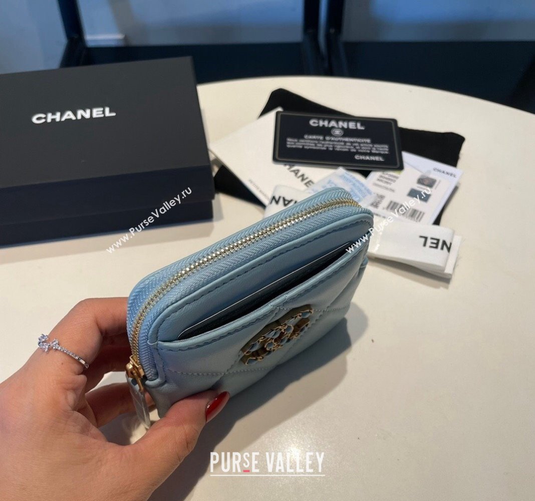 Chanel Shiny Lambskin 19 Zipped Coin Purse Wallet AP2086 Light Blue 2024 (SSZ-240717067)