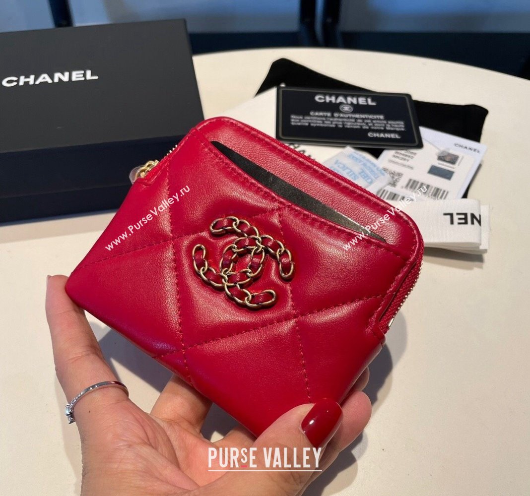 Chanel Shiny Lambskin 19 Zipped Coin Purse Wallet AP2086 Dark Red 2024 (SSZ-240717070)