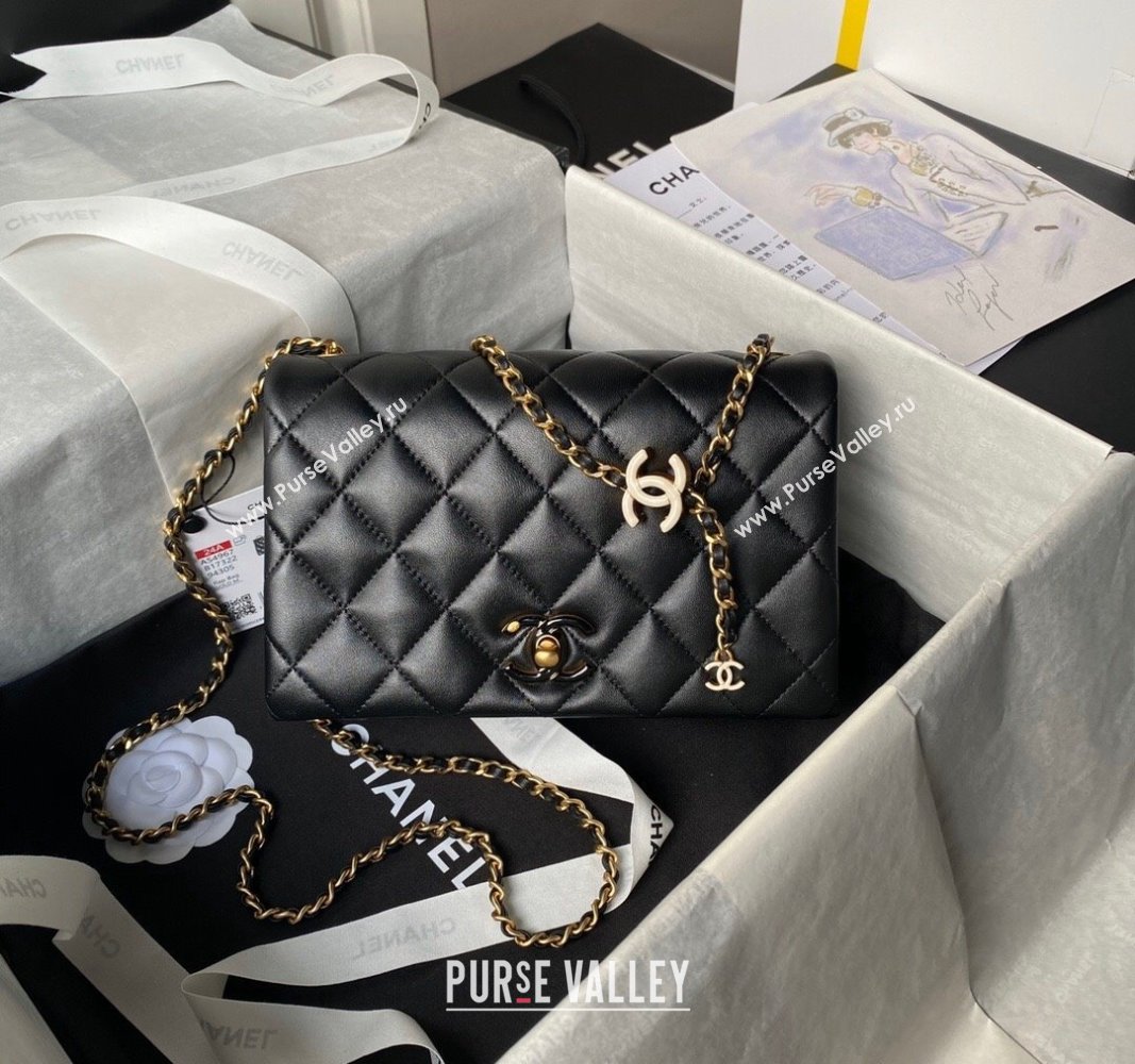 Chanel Shiny Lambskin Small Flap Bag with CC Charm Chain Black 2024 AS4967 (yezi-240717083)