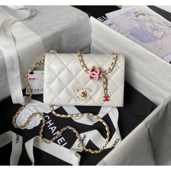 Chanel Shiny Lambskin Mini Flap Bag with CC Charm Chain White 2024 AS4973 (yezi-240717084)