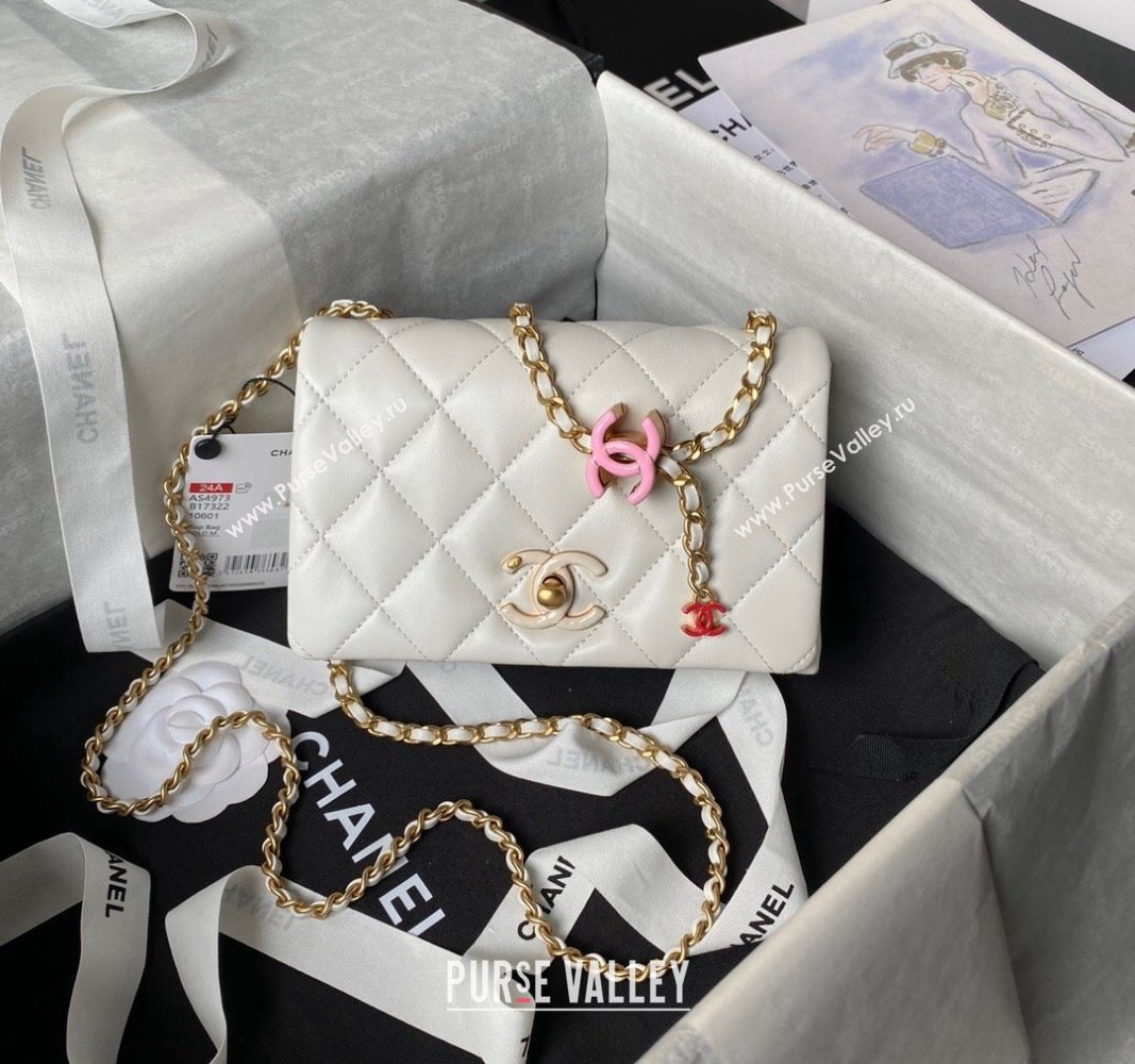 Chanel Shiny Lambskin Mini Flap Bag with CC Charm Chain White 2024 AS4973 (yezi-240717084)