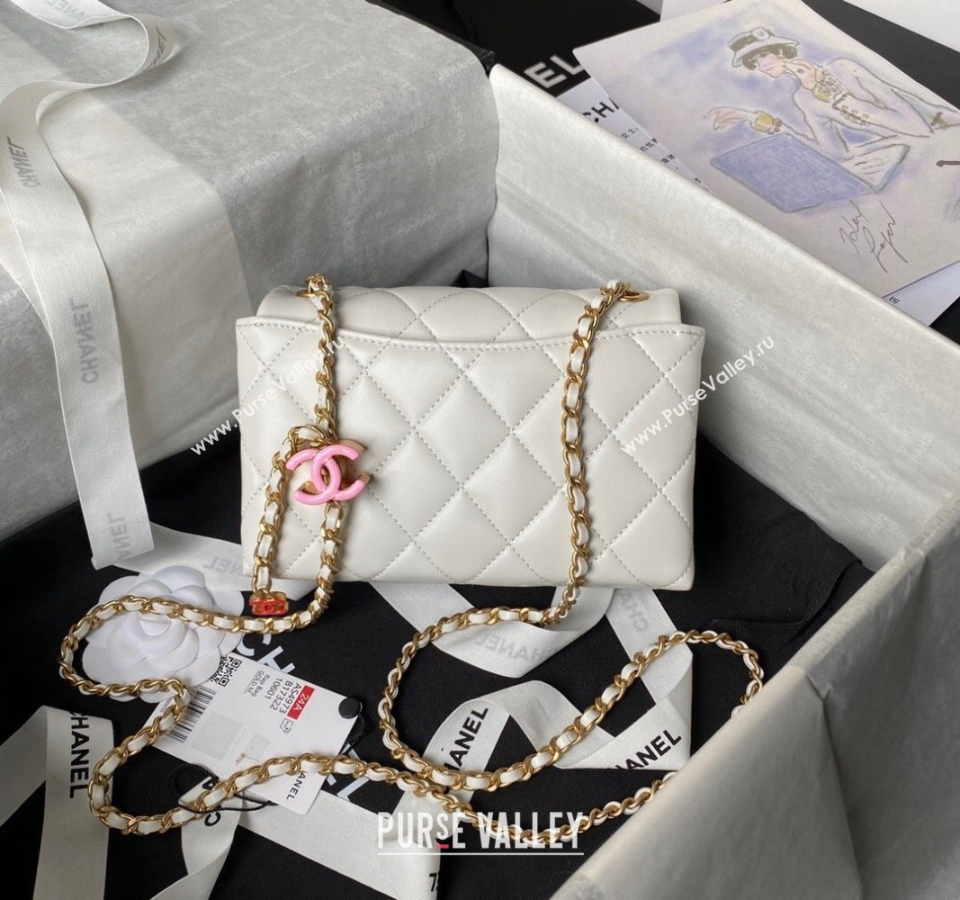 Chanel Shiny Lambskin Mini Flap Bag with CC Charm Chain White 2024 AS4973 (yezi-240717084)