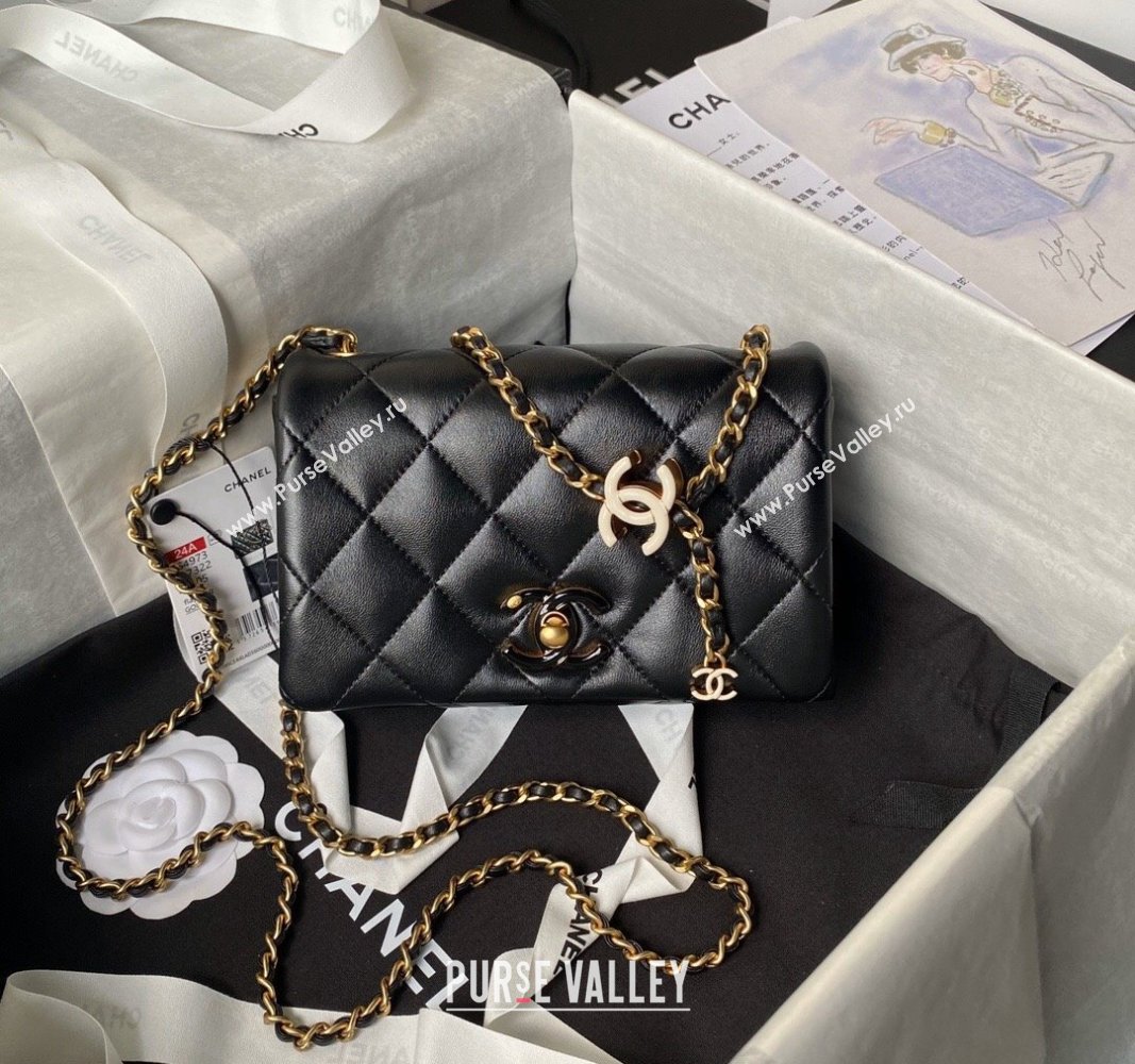 Chanel Shiny Lambskin Mini Flap Bag with CC Charm Chain Black 2024 AS4973 (yezi-240717085)