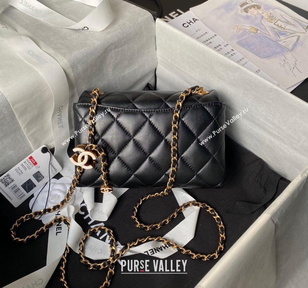 Chanel Shiny Lambskin Mini Flap Bag with CC Charm Chain Black 2024 AS4973 (yezi-240717085)