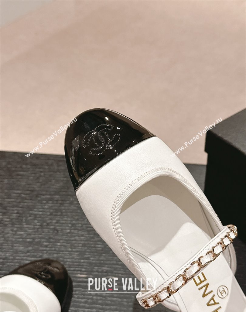 Chanel Calfskin Patent Flat Mules with Chain White 2024 072208 (MD-240722084)