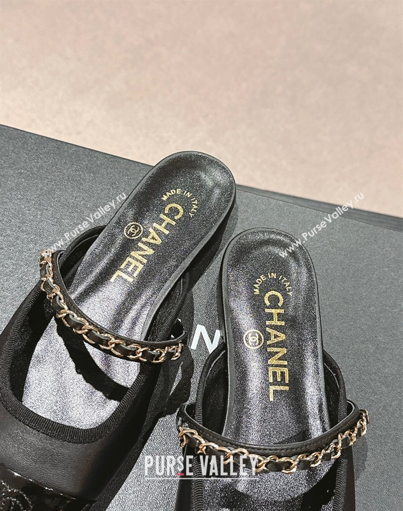 Chanel Calfskin Patent Flat Mules with Chain Black 2024 072208 (MD-240722085)