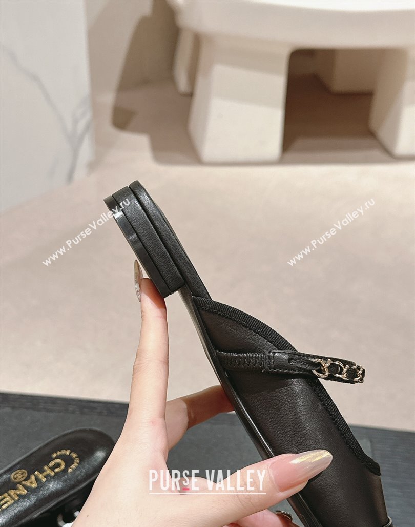 Chanel Calfskin Patent Flat Mules with Chain Black 2024 072208 (MD-240722085)