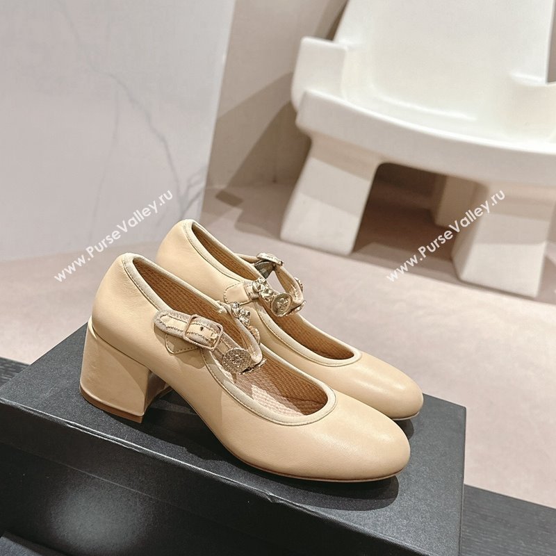 Chanel Lambskin Mary Janes Pumps 5cm with Charm Beige 2024 G45778 (MD-240722026)