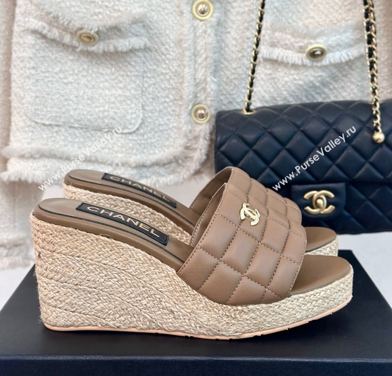 Chanel Quilted Lambskin Wedge Slides Sandal 8cm Khaki 2024 0603 (MD-240722119)