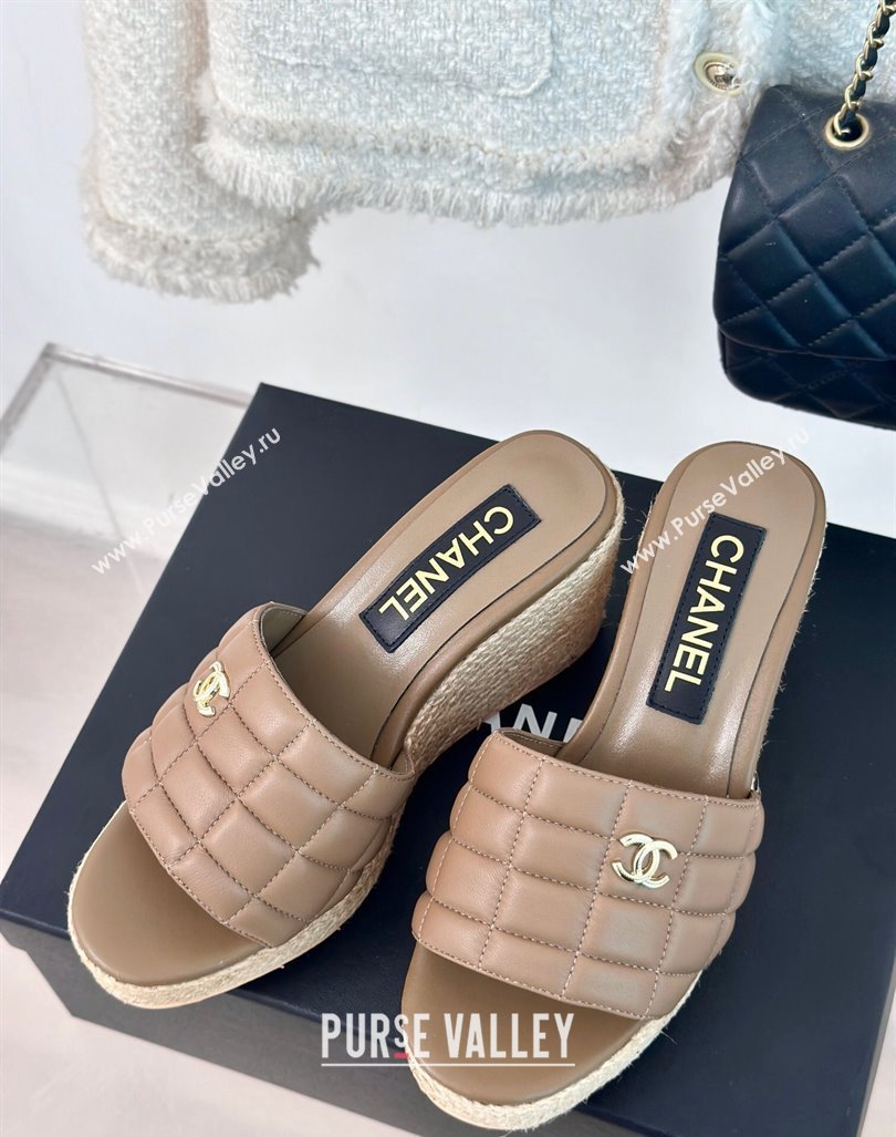 Chanel Quilted Lambskin Wedge Slides Sandal 8cm Khaki 2024 0603 (MD-240722119)