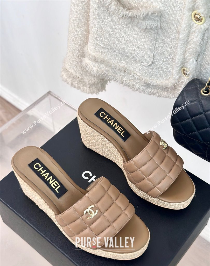 Chanel Quilted Lambskin Wedge Slides Sandal 8cm Khaki 2024 0603 (MD-240722119)