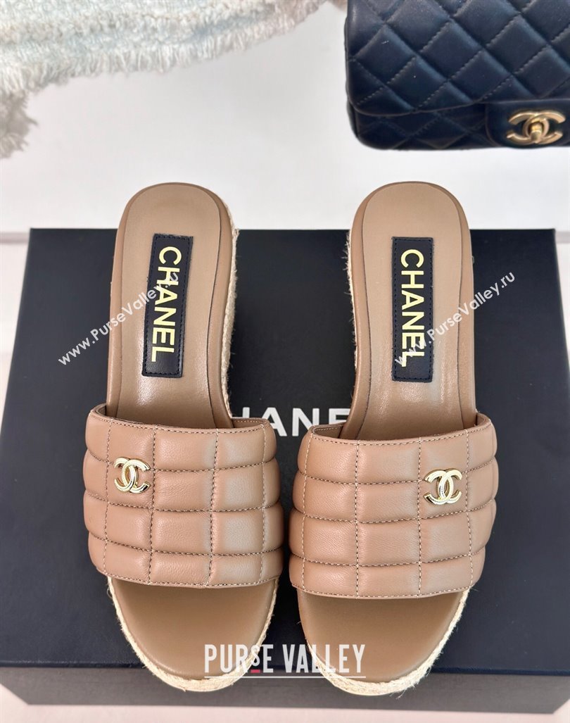 Chanel Quilted Lambskin Wedge Slides Sandal 8cm Khaki 2024 0603 (MD-240722119)