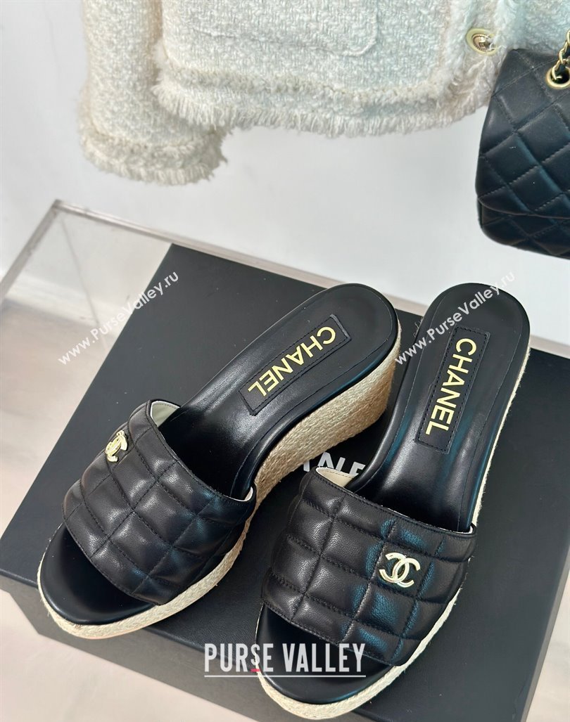 Chanel Quilted Lambskin Wedge Slides Sandal 8cm Black 2024 0603 (MD-240722121)