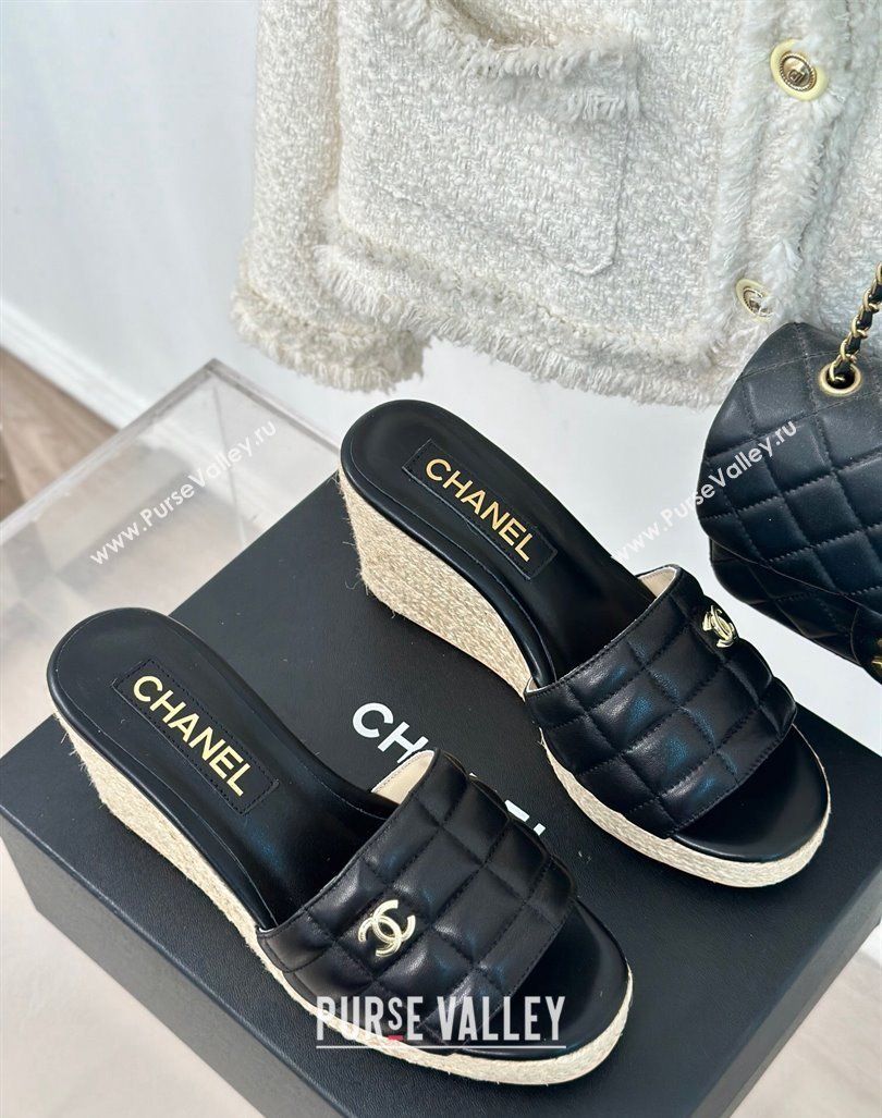 Chanel Quilted Lambskin Wedge Slides Sandal 8cm Black 2024 0603 (MD-240722121)