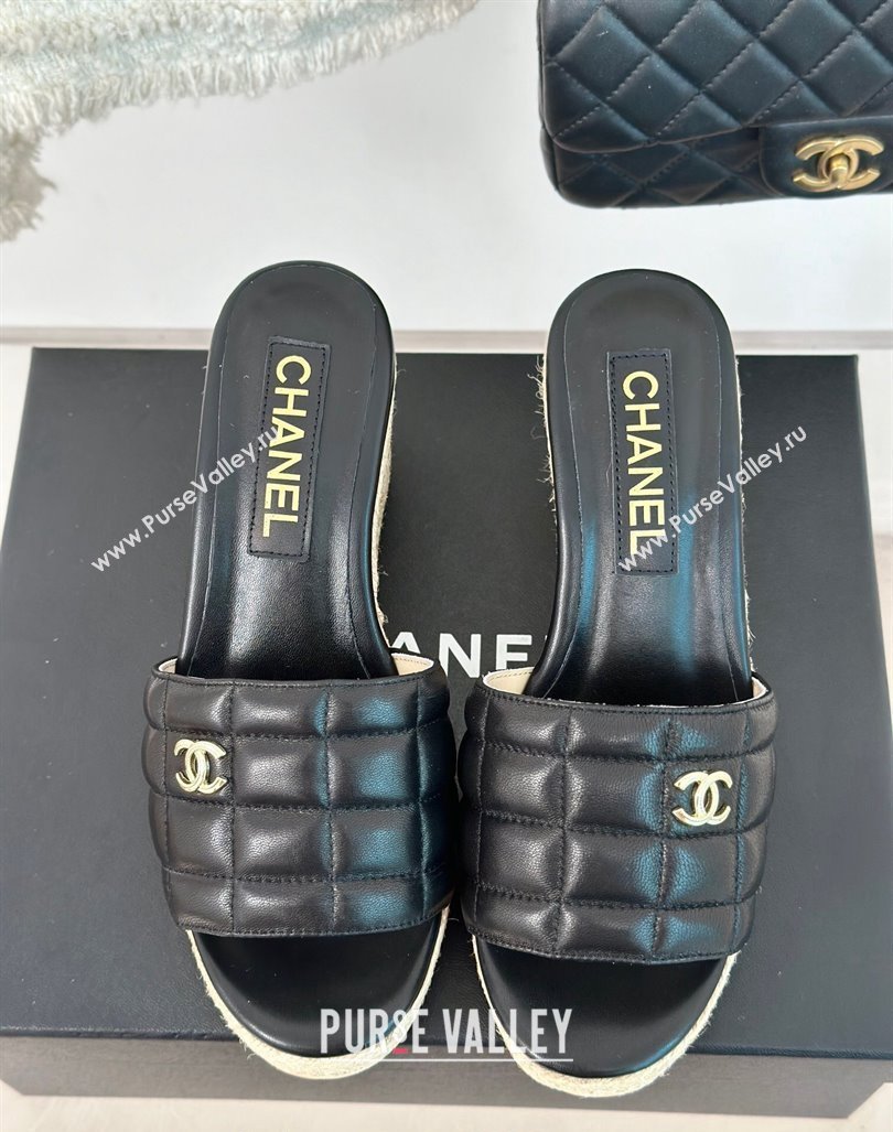 Chanel Quilted Lambskin Wedge Slides Sandal 8cm Black 2024 0603 (MD-240722121)