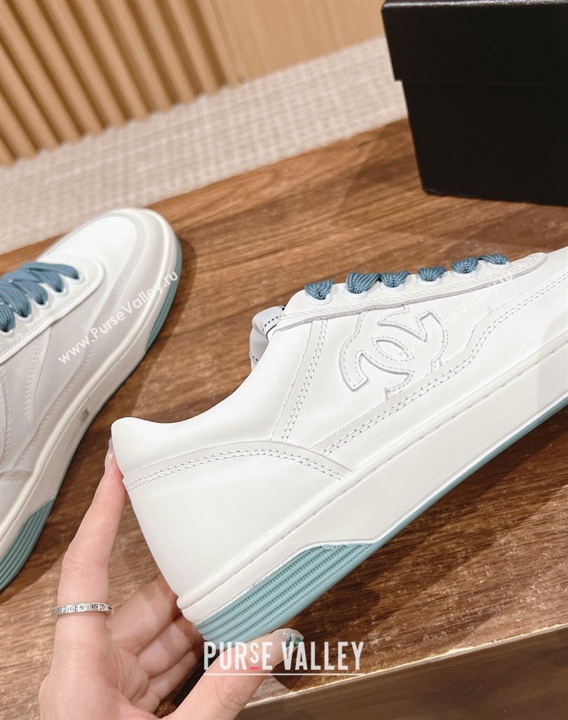 Chanel White Calfskin Sneakers with Side CC Blue 2024 072203 (KL-240722017)