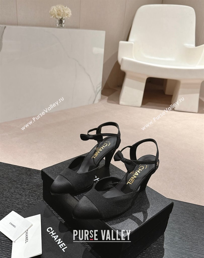 Chanel Satin Slingback Pumps 8cm with Bow Black 2024 072214 (MD-240722140)