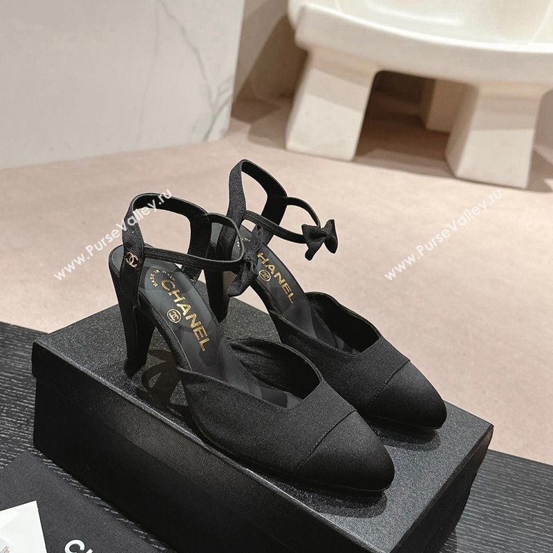 Chanel Satin Slingback Pumps 8cm with Bow Black 2024 072214 (MD-240722140)