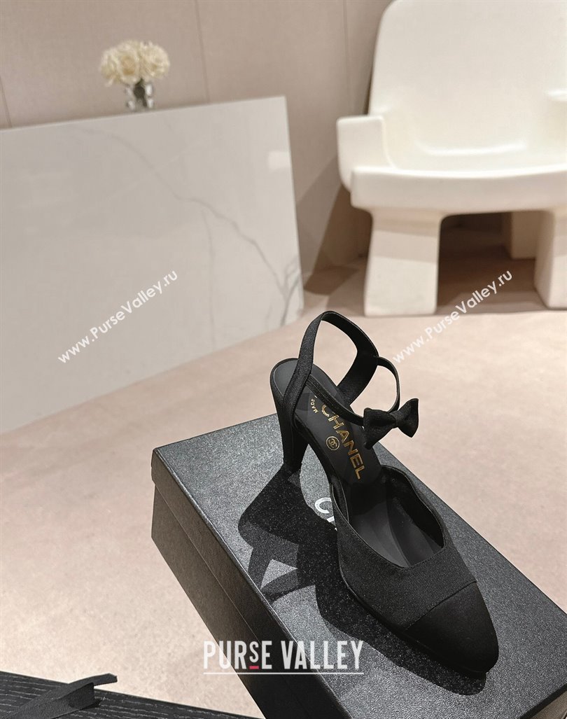 Chanel Satin Slingback Pumps 8cm with Bow Black 2024 072214 (MD-240722140)