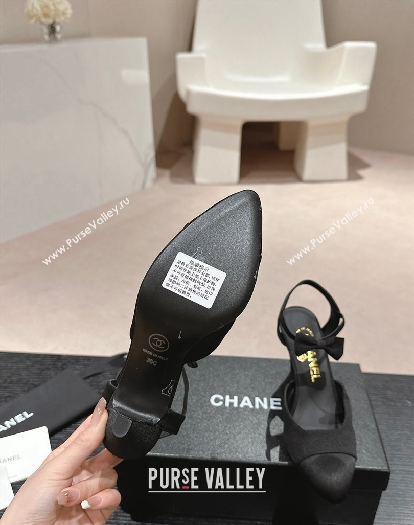 Chanel Satin Slingback Pumps 8cm with Bow Black 2024 072214 (MD-240722140)