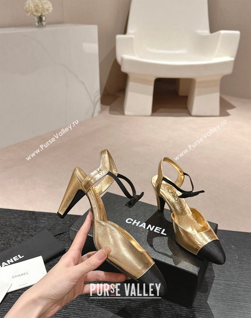 Chanel Calfskin Slingback Pumps 8cm with Bow Gold 2024 072214 (MD-240722141)